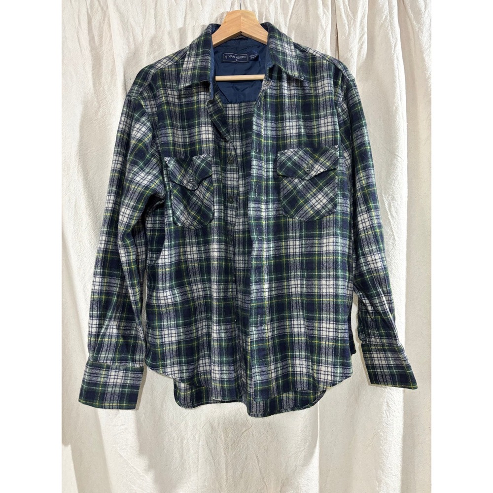Vintage Van Heusen Winterweights Wool Plaid Flannel Shirt Green Navy Blue Large